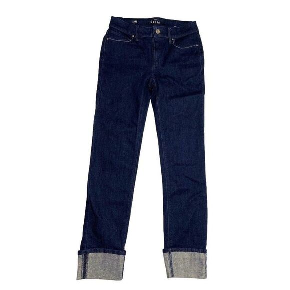 White House Black Market Dark Wash Denim Slim‎ Ankle Gold Cuff Mid Rise Jeans 00 - Picture 8 of 11